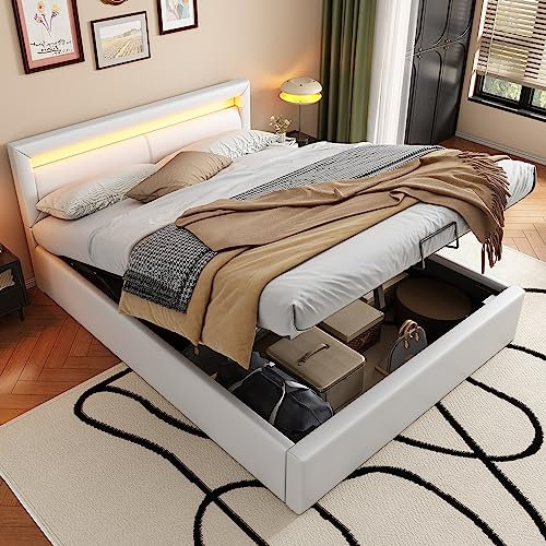 Polsterbett 140x200, LED Doppelbett mit Stauraum und Lattenrost, Kopfteil mit LED Beleuchtung, Hydraulisch Stauraumbett Funktionsbett Rückenlehne Bettgestell, Kunstleder & Holz, Weiß, ohne Matratze