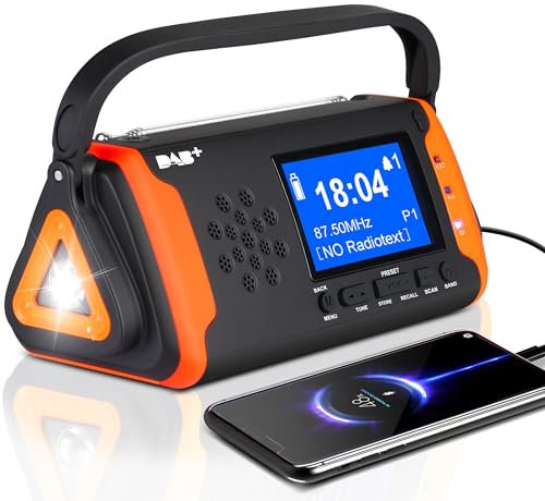 Dab Wind Up Radio, 4000mAh Emergency Radio with SOS Alarm, Solar Powered Radio, Hand Crank Radio with USB Charging, Portable Dab Radio with Flashlight, Dual Alarm Clock, LCD Display, Headphone Jack
