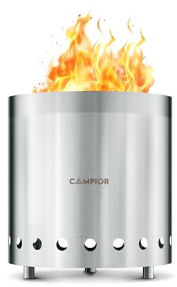 CAMPIOR Estufa de leña para hoguera – Estufa de exterior sin humo para fogatas de leña, camping, cocina y reuniones de jardín, duradera, de acero inoxidable con cenicero extraíble, con soporte y bolsa
