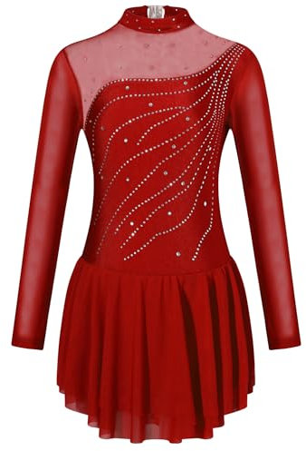Freebily Kinder Mädchen Tanzkleid Langarm Glitzer Mesh Spleiß Eiskunstlauf Ballett Trikot Gymnastik Kleid Mit Strass Wettbewerb Tanzkleidung Gr.98-176 Burgundy 158-164
