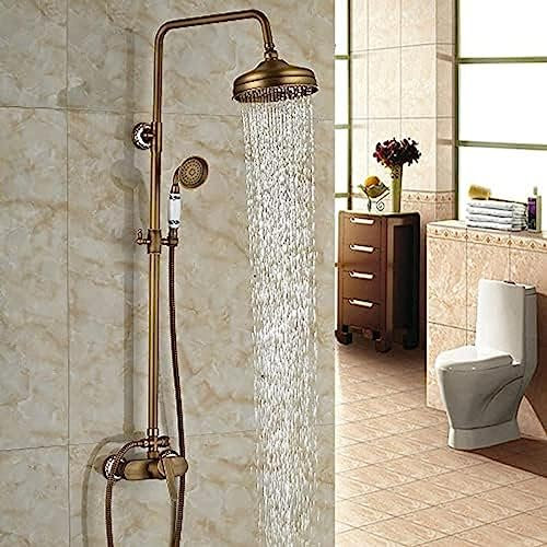 Colonne De Douche De Style Rétro En Laiton Vieilli, Ensemble Avec Pomme De Douche Mitigeur De Robinet De Bain