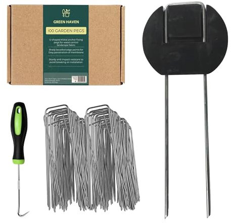 Green Haven Garden Pegs Buffer Bundle 100 Pack - Heavy Duty Garden Pegs for Weed Control Membrane Pegs, Weed Barrier Fabric, Netting & Landscaping, 15cm Metal Staples w/Large Buffer Surface