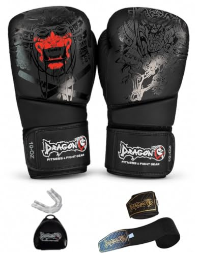 Yakuza Boxhandschuhe Muay Thai Kickboxen Sparring, Männer Damen, Boxsack Punchinghandschuhe, Kickboxhandschuhe Kampfsport Training Schwarz, inkl. Bandagen und Mundschutz 3er-Set.