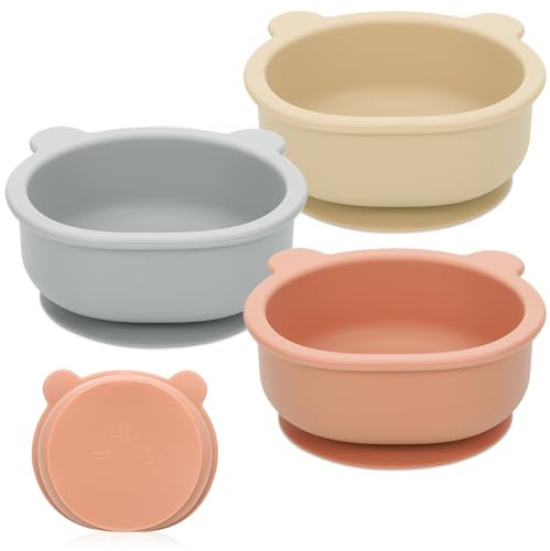 Huiguli 3 Pack Baby Suction Bowl Set, Food Grade Soft Safe BPA-Free Silicone Toddler Weaning Bowls, Microwavable Dishwasher Safe, Bear Silicone Baby Bowls for Weaning