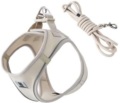 SMALL COMBINATION Hundegeschirr, Leinen-Set für kleine und mittelgroße Hunde, verstellbar, reflektierend, Welpen, Katzengeschirr, Haustierweste, Chihuahua, Yorkies, Spaziergänge im Freien (Beige, M)