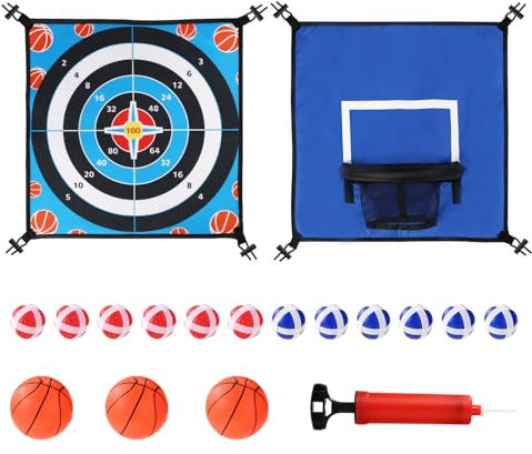 Lyreh Trampolin Spielzeug Zubehör, Inklusive Basketballkorb und Dartbrett Spiel Doppelseitige Trampolinspielaufsätze aus Oxford-Stoff(Blau)