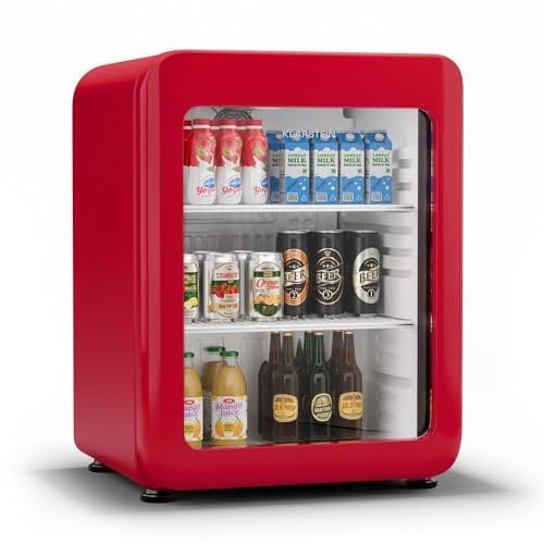 Klarstein Audrey Evo Drinks Fridge - 68L Beverage Refrigerator, Double-Glazed Door, LED Lighting, 0-10°C, Energy Class C, Retro Design, Adjustable Feet, Red