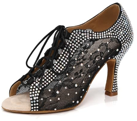 YCALCP Scarpe da Ballo Latino Donna con Lacci Strass Sala da Ballo Salsa Pratica Stivali alla Caviglia, X064, Nero, Tacco 8,5 cm, 41 EU