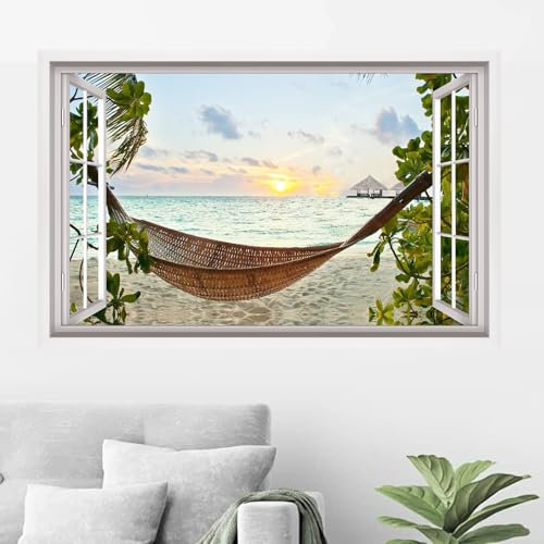 HPNIUB 3d Kaputter Wandaufkleber,90 * 60cm(BxH),Wandtattoo Wohnzimmer Landschaft,Selbstklebend Wandsticker Meer Baum Poster,Vinyl Wandaufkleber Durchbruch Deko für Wohn (Liegestuhl)