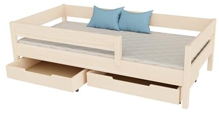 KidsComfort Kinderbett 180x90cm mit Matratze und Schublade Gebleichte Eiche | Massivholzrahmen I Belastbarkeit bis 150 kg I Sicherheitsgeländer beidseitig montierbar I Für Kinder ab 1,5 Jahren