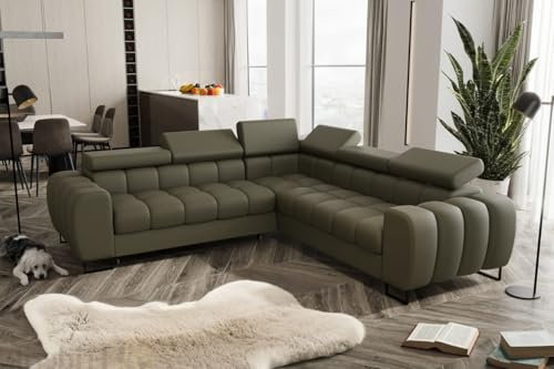 Friderik Ecksofa Aspen MAX Ledersofa 260×260 cm Kopfstützenverstellung Schlaffunktion Bettkasten Olivgrün L-2 (Olivgrün, Rechts)