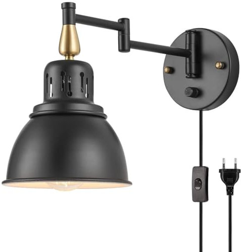 AoLa Vintage Metall Wandlampe mit Schalter und Stecke Schwenkarm Wandleuchte mit Kabel Verstellbare Langer Arm Nachttischlampe E27 Schwarz Industrielle Wandleuchten für Wohnzimmer Schlafzimmer,1 piece