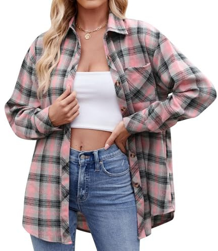 Chemise à Carreaux Femme Tops Flanelle Bucheron Western Décontractée Chemises Manches Longues Classique Blouses Boutonnées 03-Rose L