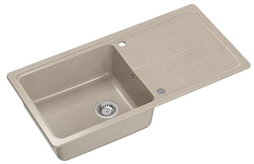myQ Spülbecken BERLIN 146 Granitspüle Küche, Größe: 100 x 50 x 21,5 cm, Beige, Küchenspüle Einbeckenspüle Set: Granitspüle + manuell Siphon + Abdeckkappe