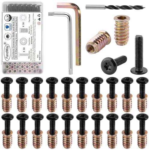 FandWay 30 Sets M6x16mm Torx Furniture Screw Nut,M6x10mm Threaded Inserts for Wood,Connector Bolts and Nuts Set,Flat Head Screw-in Nuts,Torx Drive with Wrenches and Drill Bit.