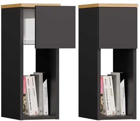 BDW Galax Nachttisch mit Schublade und offenem Regal, 20 x 30 x 55 cm, Schlafzimmer, Anthrazit/Eiche Artisan