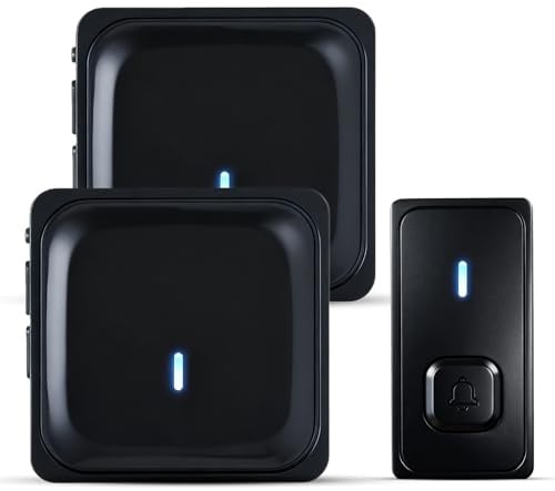 Campanello radio senza fili, set con 2 ricevitori plug in e 1 trasmettitore, IP65, impermeabile, per porta di casa, 5 livelli, volume 58 melodie, set di campanello wireless portatile, plug in doorbell