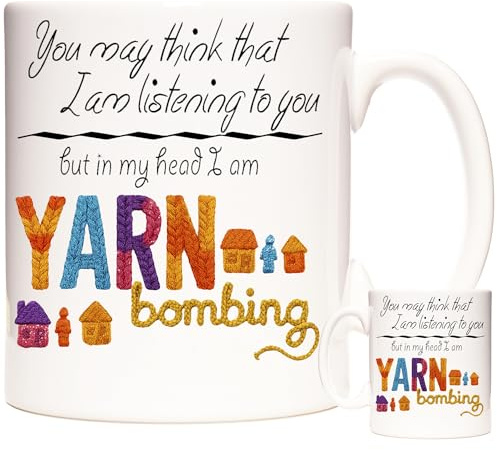 KAZMUGZ Funny Yarn Bombing Mug – 11 oz Ceramic Coffee Cup for Knitters & Crocheters – Tea, Coffee, Hot Chocolate – Gift for Crafters – Comes in White Gift Box