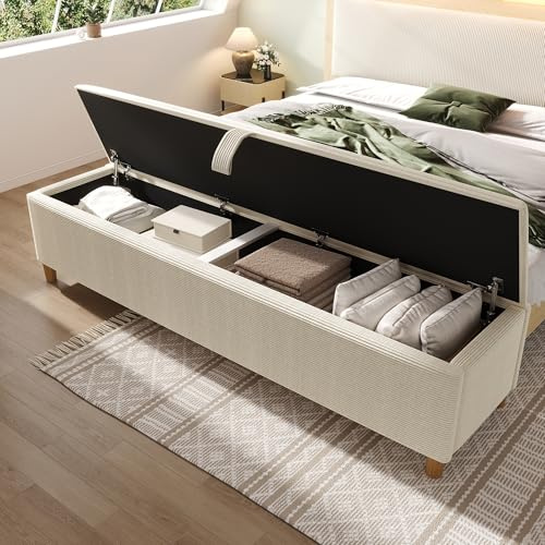 A ALFRESCOOL 145 x 38 cm Sitzbank mit Stauraum, Bettbank, Polsterbank mit Hydraulischem Stauraum, Aufbewahrungsbox, Geeignet für Schlafzimmer, Wohnzimmer und Flur, Cord-Optik(Beige)