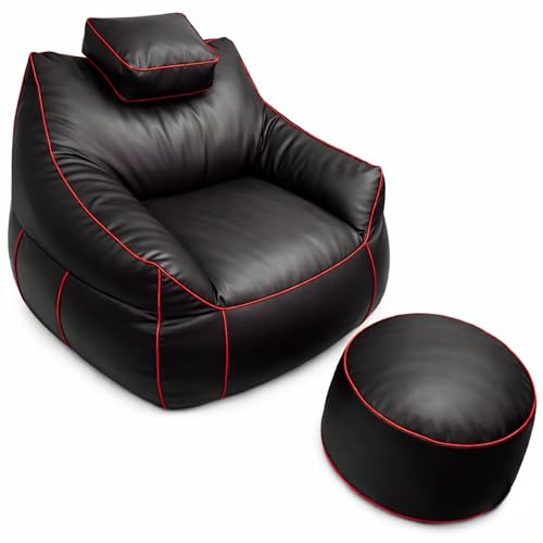 bananair - Gaming Sessel XXL mit Fußhocker aus Schaumstoff - Komfort für Entspannung und Gaming - Verstellbare Kopfstütze, 2 Taschen - Für Sofa, Wohnzimmer & Gaming-Setup (110 × 100 × 90 cm, Rot)