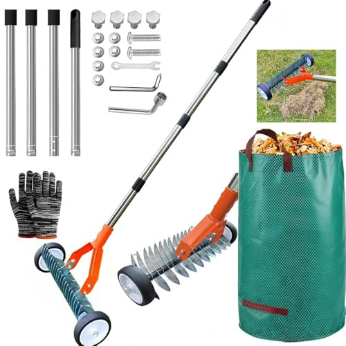 Escarificador Manual con Ruedas de 163 cm, Aireador de Césped con Ruedas, Rastrillo de Corte de Metal con Bolsa para residuos de jardín, Desmontable, Rastrillo de Escarificación Ajustable
