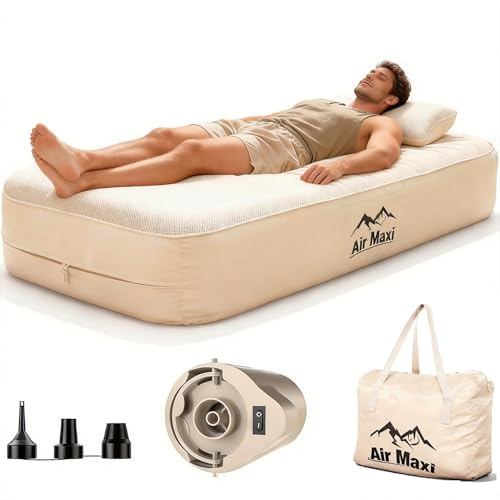 rutell Inflatable Sleeping Mat, Single Floor Mattress Airbed with Built in Electric Pump, Folding Guest Bed Pad, Blow up Mattress for Camping, Single Size (197 x 91 x 35cm)