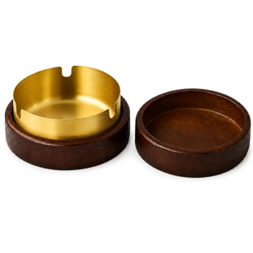 Smokers Gear Holzaschenbecher mit Deckel, verschließbar, Edelstahleinsatz in Gold herausnehmbar, geruchshemmend, Windschutz, für Balkon, Terrasse, Garten und Innenbereich