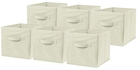 Set of 6 Large Foldable Square Storage Cubes, Fabric Organiser Canvas Cube Boxes Collapsible for Home, Bedroom, Nursery Office, Playroom Toys, 28 x 28 x 28 cm (Beige)