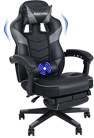 ELECWISH Gaming Chair for Adults with Massage, Video Game Chairs with Footrest, Ergonomic Gaming Chair with PU Leather and High Back Adjustable, Grey