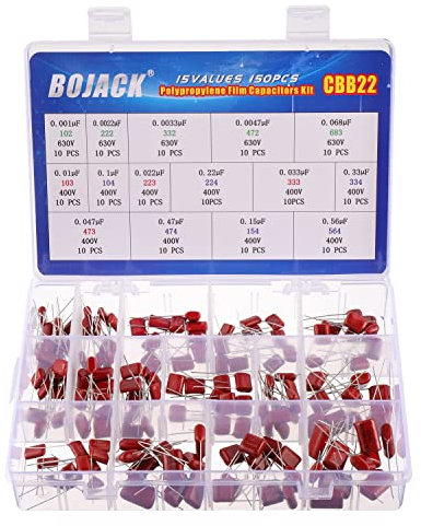BOJACK 15 Werte 150 Stück Metallfilm Polypropylen Gleichstrom kondensator 400 V / 0,01 uF ~ 0,56 uF 630 V / 0,001 uF ~ 0,068 uF CBB22 Sortiments kit