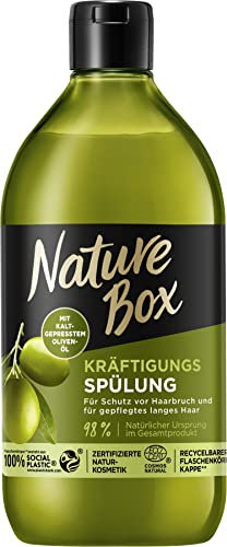 Nature Box Spülung Kräftigung (385 ml), Spülung mit Oliven-Öl verleiht gepflegtes langes Haar und schützt vor Haarbruch, Flasche aus 100 % recyceltem Social Plastic