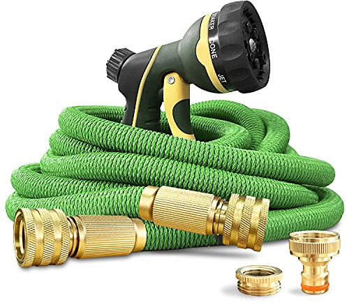 NGreen Expandable Garden Hose Pipe - Strength Durable Fabric and 12-Layer Latex Inner Tube, Lightweight Easy Storage Kink Free Water Hose, Leakproof Solid Brass Fittings with Nozzle (15M)