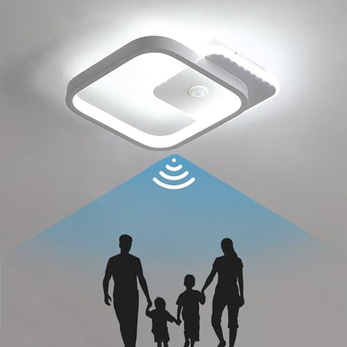 LED Deckenleuchte Kaltweiss Mit Radar Bewegungsmelder Deckenlampe mit Dämmerungssensor Moderne Rechteckiges Flur-Leuchten Metall Acryl Innenlampen für Flur, Gang, Treppe, Veranda, Balkon 25cm,Weiß