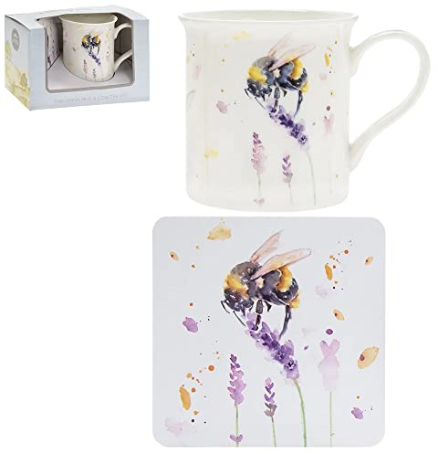 Bumble Bee on a Lavender Plant Fine China Mug & Coaster Boxed Set