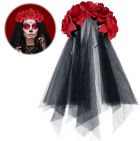 Soekodu Tag der Toten Stirnband, Halloween Gothic Kopfschmuck Rose Blume Blumenkranz Brautschleier Kopfbedeckung Braut Kostüm Zubehör Kostüm Stirnband für Halloween Party Fotografie Requisiten