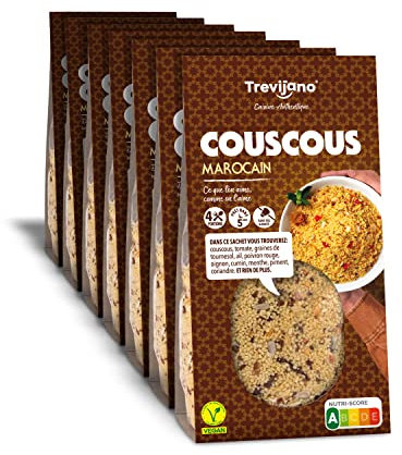 Trevijano Cous Cous Marocain: 7 sacs de 300g chacune. Sans additifs ni conservateurs: Cous cous, tomate séchée, graines de tournesol, ail, poivron rouge, oignon, cumin, menthe, piment, coriandre
