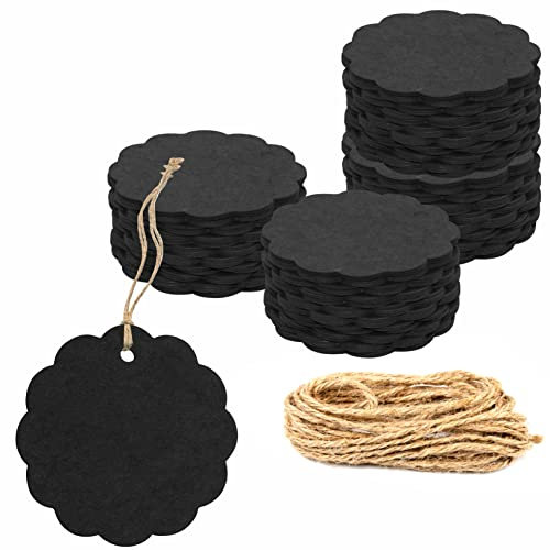 200 Stk. Geschenkanhänger aus Kraftpapier Schwarzes Wellenförmig Geschenkanhänger mit 30 Meter natürlicher Juteschnur für Bastelverpackungen (6 cm Durchmesser)