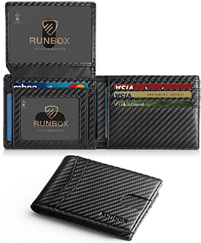 RUNBOX Wallet for Men Slim RFID Leather 2 ID Window with Gift Box, Carbon Black-15 Slots, M, Minimalist