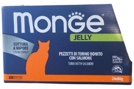 Monge Jelly Natural Superpremium Qualität Bonito Thunfischstücke mit Lachs für Katzen, Dampfgaren, 24 Dosen (80 g), ohne Farb- und Konservierungsstoffe