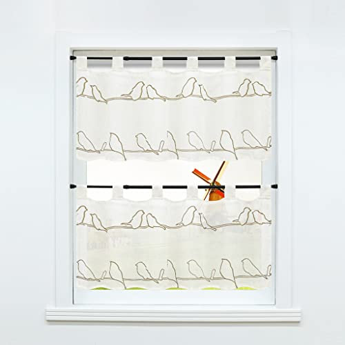 CORLIF Scheibengardine in Leinen-Optik Halbtransparent Vorhänge mit Schlaufen Bistrogardine Küche Gardine Kurzgardine Modern Vogel Muster BxH 90x60cm 1 Stück