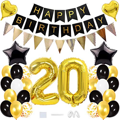 Daxlizy 20. Geburtstag Deko Mann, Geburtstagsdeko Frauen 20 Jahr, Luftballons Schwarz Gold Happy Birthday Girlande Banner, Riesen Folienballon 20, Helium Ballon 20 Deko zum Geburtstag Party Mädchen