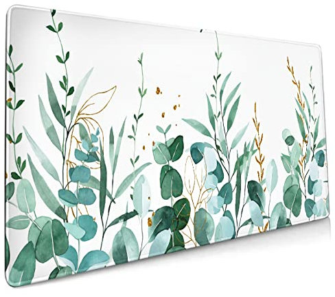 Tapis de souris à motif feuilles vertes dorées de 90 x 40 cm, taille XXL, motif aquarelle, plantes, imprimé floral, base en caoutchouc antidérapant, grand tapis de clavier avec bords cousus pour