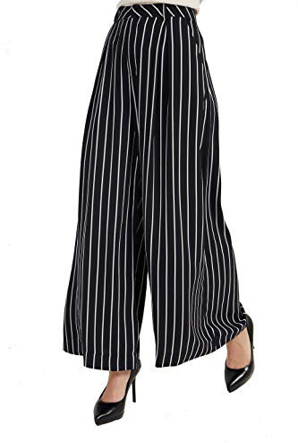 Tronjori Femme Taille Haute Pantalons Casual Jambes Larges Plissé Devant Vintage Pantalon avec Poches pour Les Loisirs, Le Travail and Le Bureau(XL, Noir et Blanc Short)