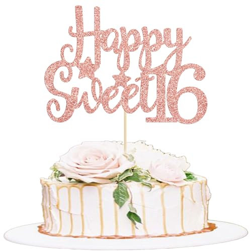 Gyufise 1Pc Happy Sweet 16 Cake Topper Rose Gold Glitter Sweet 16 Birthday Decorations Happy 16th Birthday Decorations for Girls Boys
