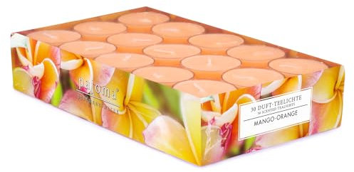 pajoma® Teelichte 30 Stück, Mango-Orange | Duft-Teelichte in Polycarbonathülle, Brenndauer ca. 4 Stunden - Höhe 1,5 cm ø 3,5 cm | Premium Qualität | Deko, Gastronomie, Outdoor, Windgläser, Hochzeit