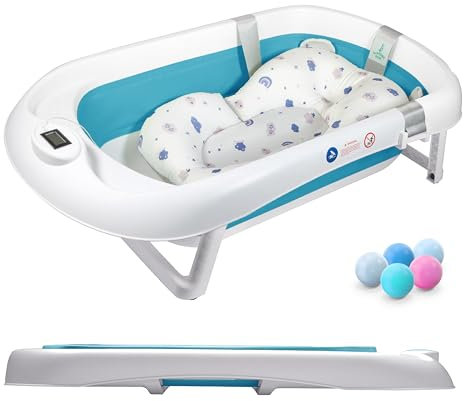 Baignoire Bébé Pliable XXL Avec Coussin De Bain Bebe Et Thermomètre Intégré - Baignoire Enfant Avec Siege De Bain Pour Bebe - baignoire Bebe Sur Pied - Idéal Pour Cadeau De Naissance Fille Ou Garçon
