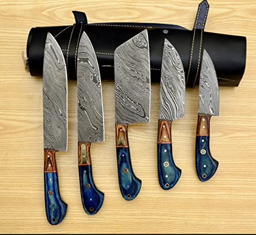 CraftTal handgeschmiedet Damast-Küchenmesser-set gefertigt aus 67 Lagen echtem Damaststahl mit Pakkaholzgriff Damastmesser- set Handgefertigtes 5-teilig, komplettes Küchenmesser-Stamina Holz Blau