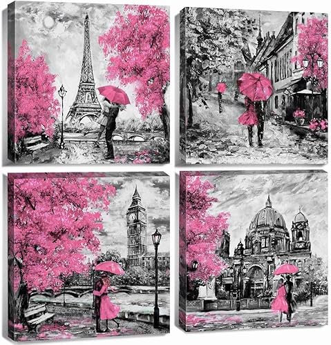 Lot de 4 toiles décoratives roses pour chambre à coucher, décoration murale en noir et blanc, tour Eiffel, tableaux de salle de bain, peintures roses, couple romantique avec parapluie, 30x30 cm