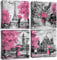 4 Piece Pink Wall Art Bedroom Pictures for Wall, Abstract Blossoms Tree Landscape Painting Canvas Prints Living Room Decorations Romantic Paris City Poster Modern Framed Artwork 30x30CM