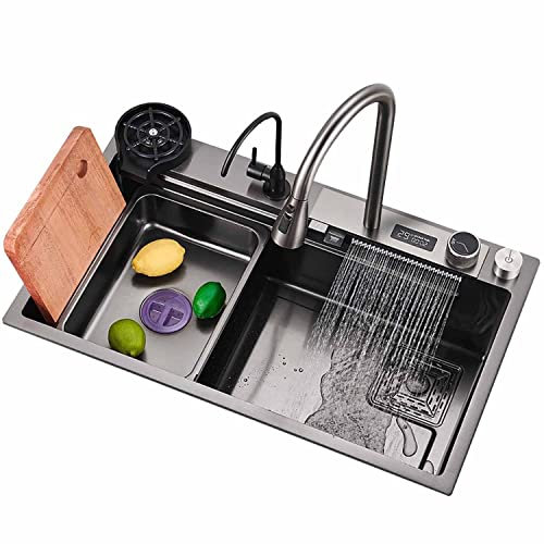 GEJLELDS Evier Cuisine,Évier de Cuisine 1 bac en INOX Evier à Encastrer évier en Cascade Nano avec égouttoir,Vidage Pratique,Noir,Installation Rapide,Plusieurs Modes De Sortie d'eau,75 * 46 * 22cm